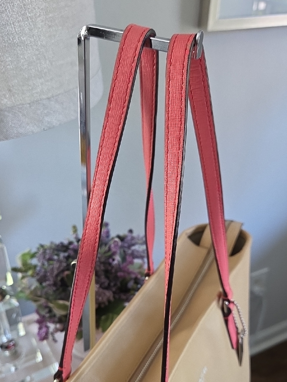 COACH Tan & Coral Pink Saffiano Leather Tote - Picture 8 of 16